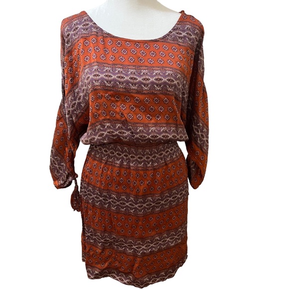 GUESS SIZE MEDIUM 100% SILK ORANGE FLORAL TASSEL COLD SHOULDER DRESS 3/4 SLEEVE - Picture 2 of 12